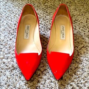 Jimmy Choo Patent Red point toe kitten heel